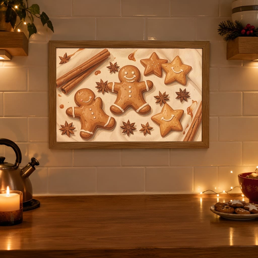 Christmas Kitchen Frame Mockup Bundle — 40 Horizontal Gingerbread Wall Art PSD Mockups: mockup scene 34 of 40
