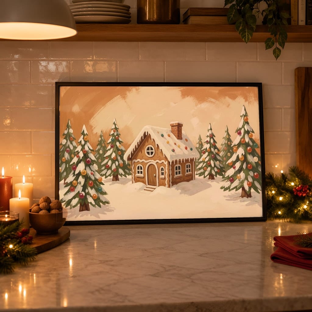 Christmas Kitchen Frame Mockup Bundle — 40 Horizontal Gingerbread Wall Art PSD Mockups: mockup scene 40 of 40