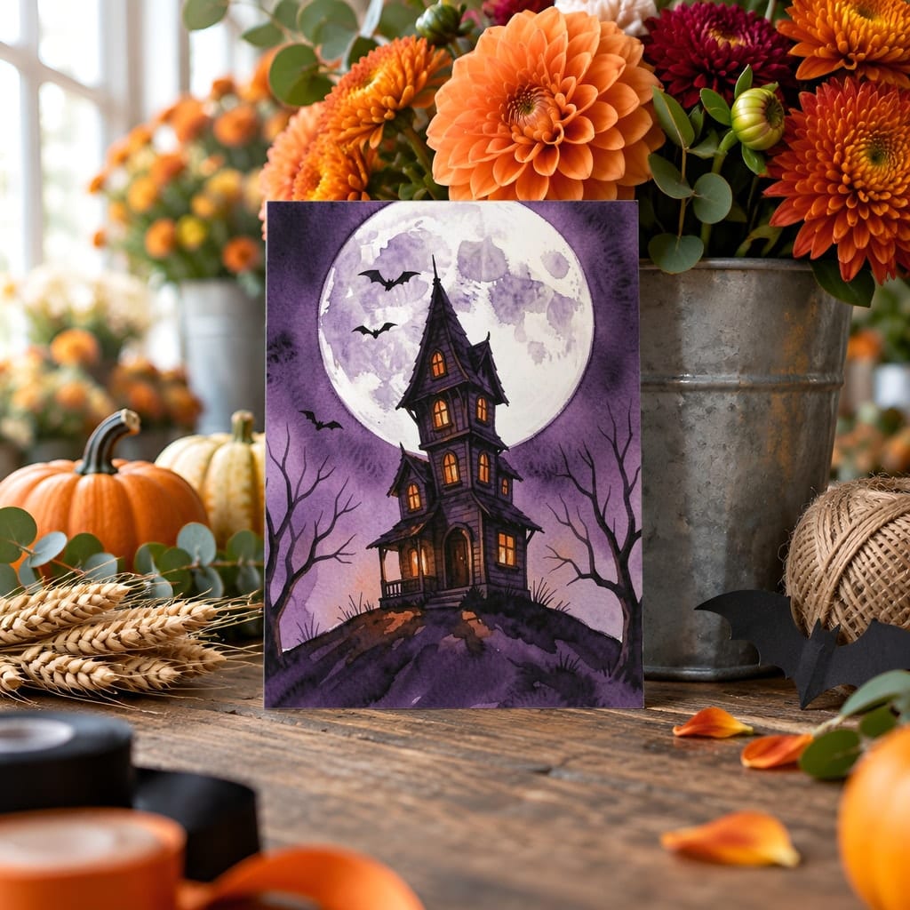Halloween Card Mockup Bundle — 20 Spooky Orange and Black 5x7 Greeting Card PSD Mockups: mockup scene 14 of 20