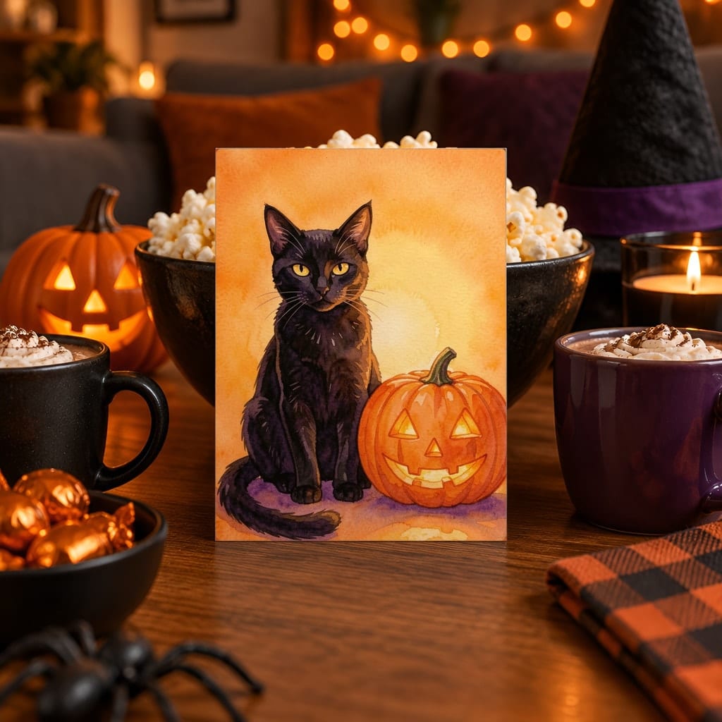 Halloween Card Mockup Bundle — 20 Spooky Orange and Black 5x7 Greeting Card PSD Mockups: mockup scene 15 of 20