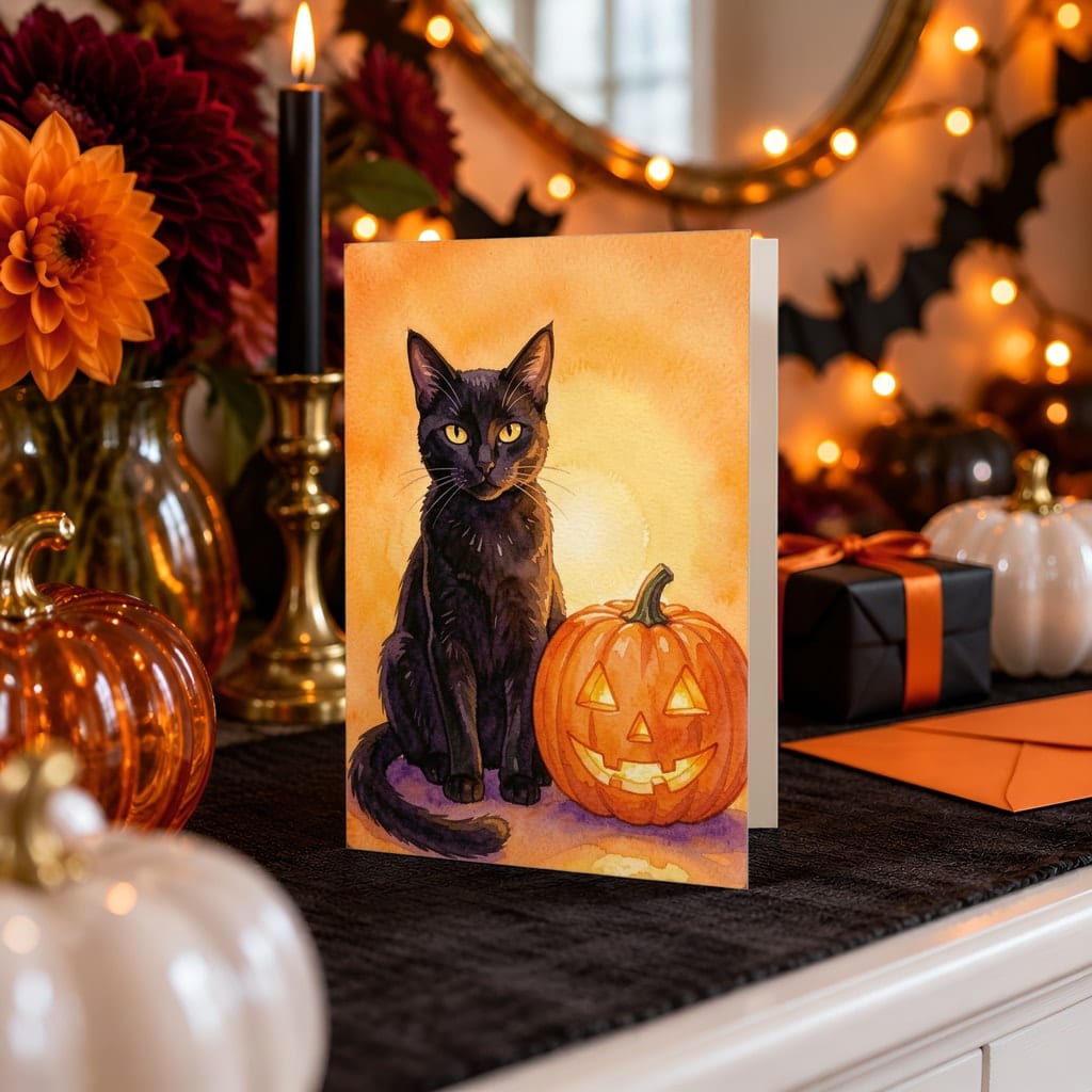 Halloween Card Mockup Bundle — 20 Spooky Orange and Black 5x7 Greeting Card PSD Mockups: mockup scene 16 of 20