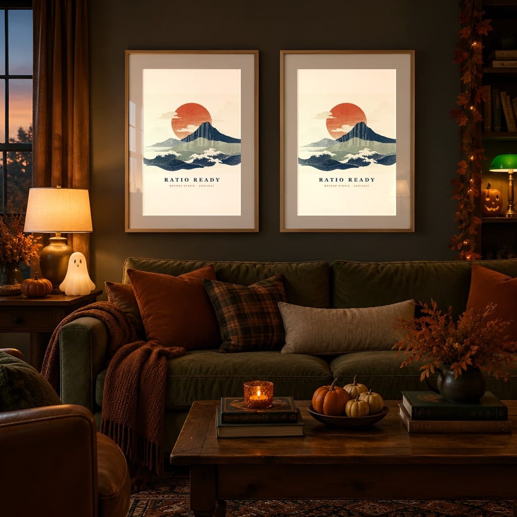 Halloween Frame Mockup Bundle — Candlelit Evening Autumn Wall Art PSD Templates (40 Scenes): mockup scene 32 of 40