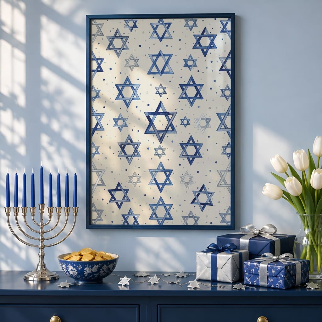 Hanukkah Frame Mockup Bundle — 40 Vertical Blue and Silver Wall Art PSD Mockups — first mockup scene from the pack