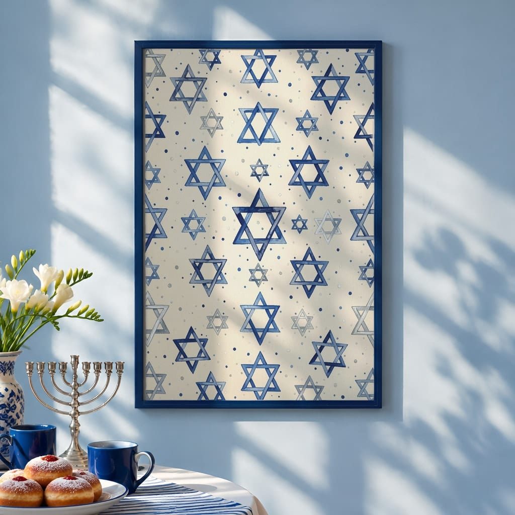 Hanukkah Frame Mockup Bundle — 40 Vertical Blue and Silver Wall Art PSD Mockups: mockup scene 14 of 40