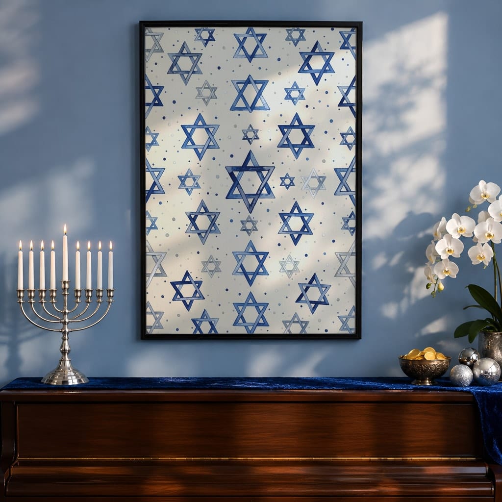 Hanukkah Frame Mockup Bundle — 40 Vertical Blue and Silver Wall Art PSD Mockups: mockup scene 15 of 40