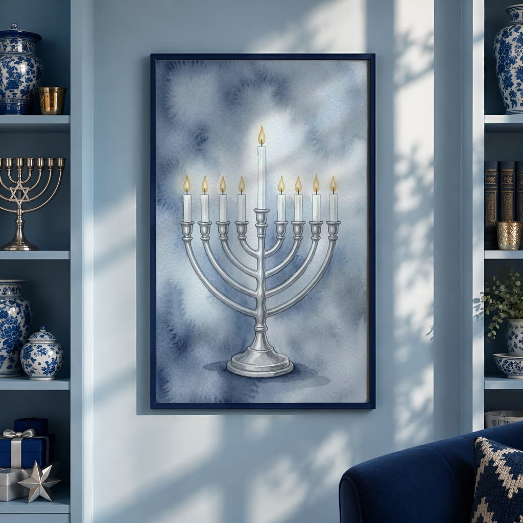 Hanukkah Frame Mockup Bundle — 40 Vertical Blue and Silver Wall Art PSD Mockups: mockup scene 18 of 40