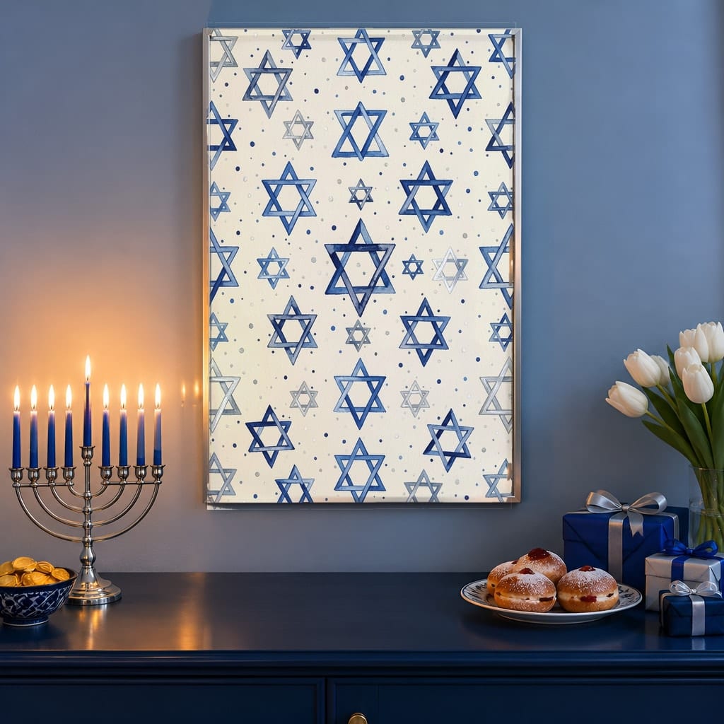 Hanukkah Frame Mockup Bundle — 40 Vertical Blue and Silver Wall Art PSD Mockups: mockup scene 27 of 40