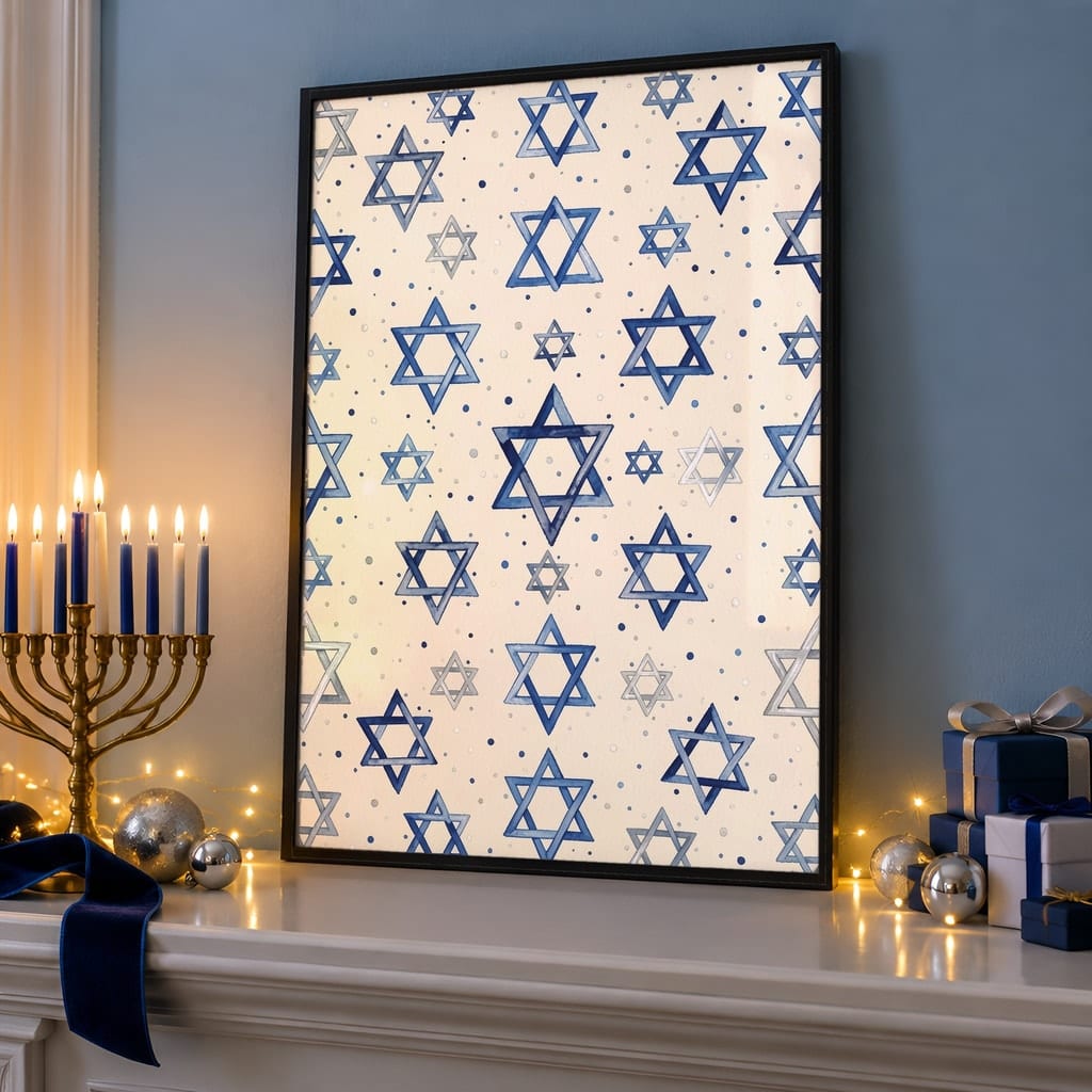 Hanukkah Frame Mockup Bundle — 40 Vertical Blue and Silver Wall Art PSD Mockups: mockup scene 28 of 40