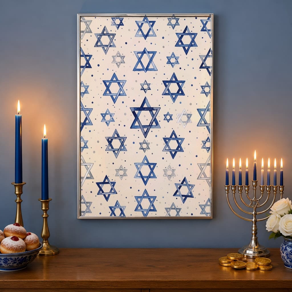Hanukkah Frame Mockup Bundle — 40 Vertical Blue and Silver Wall Art PSD Mockups: mockup scene 30 of 40