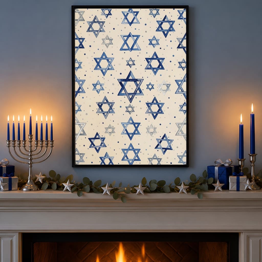 Hanukkah Frame Mockup Bundle — 40 Vertical Blue and Silver Wall Art PSD Mockups: mockup scene 33 of 40