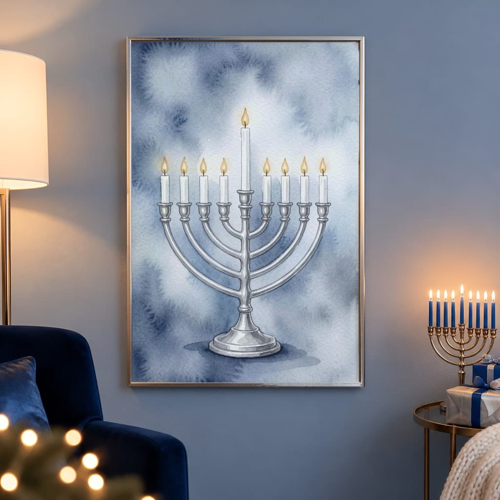 Hanukkah Frame Mockup Bundle — 40 Vertical Blue and Silver Wall Art PSD Mockups: mockup scene 34 of 40