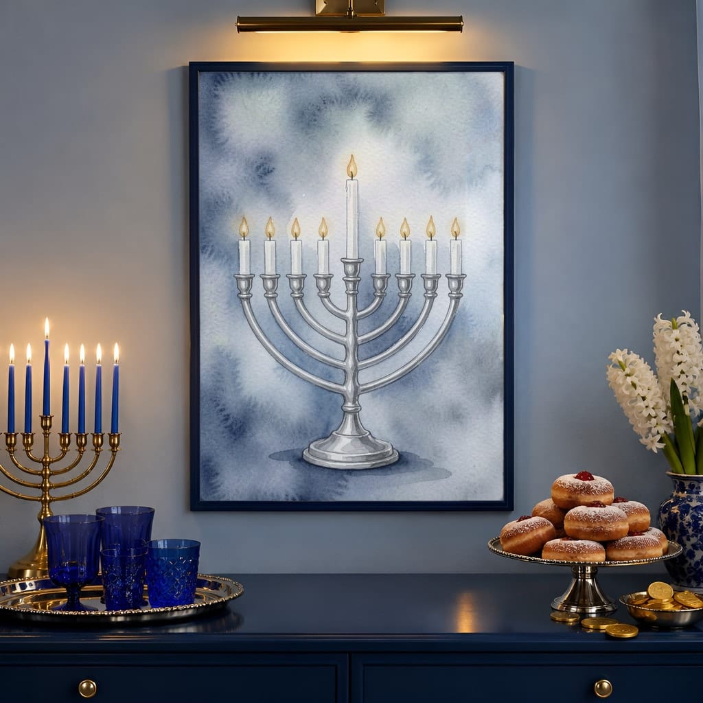 Hanukkah Frame Mockup Bundle — 40 Vertical Blue and Silver Wall Art PSD Mockups: mockup scene 37 of 40