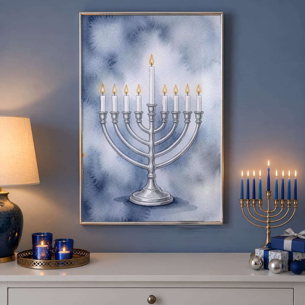 Hanukkah Frame Mockup Bundle — 40 Vertical Blue and Silver Wall Art PSD Mockups: mockup scene 38 of 40