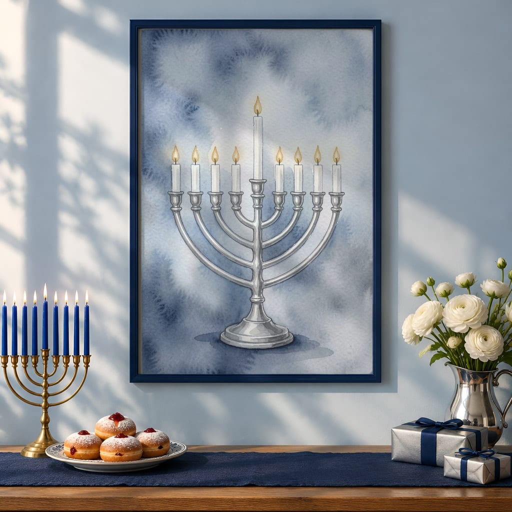 Hanukkah Frame Mockup Bundle — 40 Vertical Blue and Silver Wall Art PSD Mockups: mockup scene 4 of 40