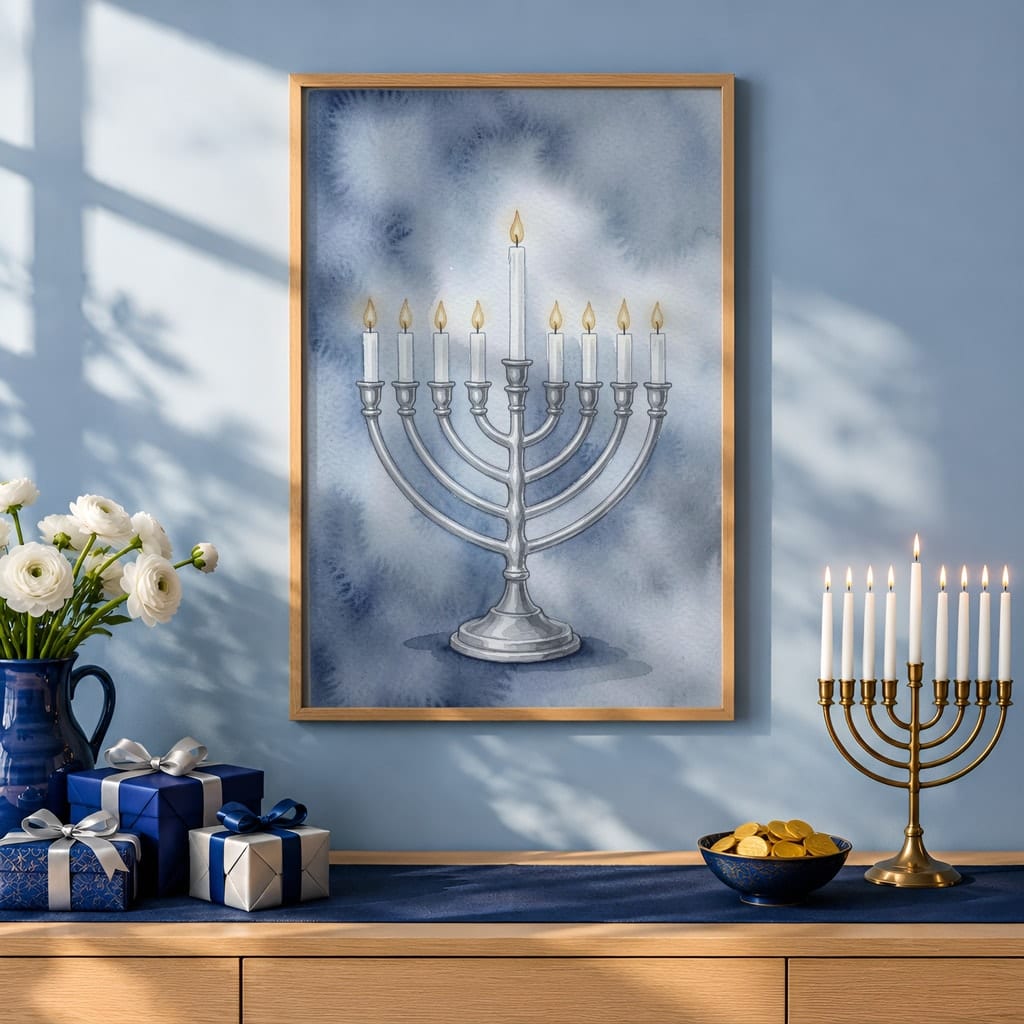 Hanukkah Frame Mockup Bundle — 40 Vertical Blue and Silver Wall Art PSD Mockups: mockup scene 7 of 40