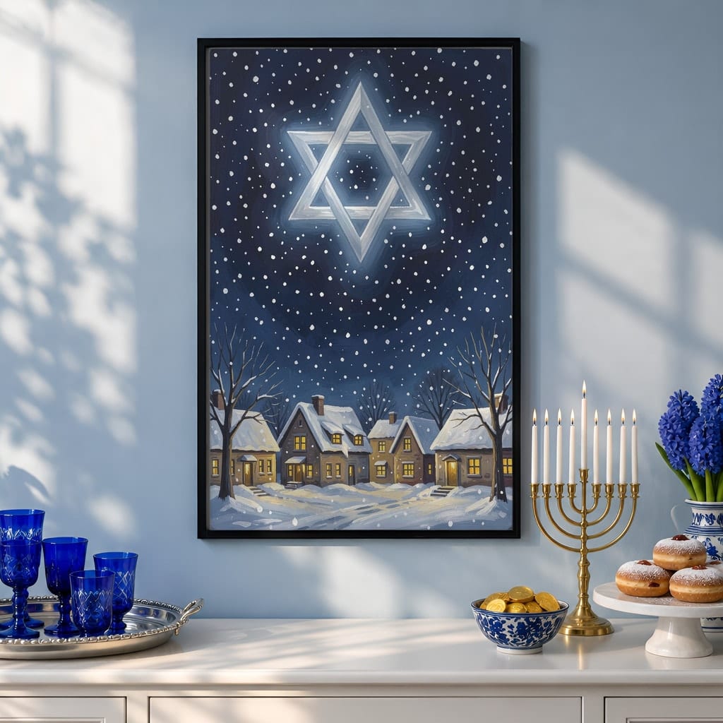 Hanukkah Frame Mockup Bundle — 40 Vertical Blue and Silver Wall Art PSD Mockups: mockup scene 9 of 40