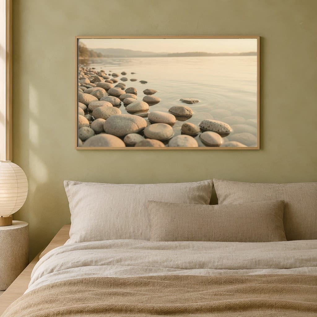 Japandi Bedroom Frame Mockup — Horizontal Wabi-Sabi Above Bed Wall Art PSD Templates (40 Scenes) — first mockup scene from the pack