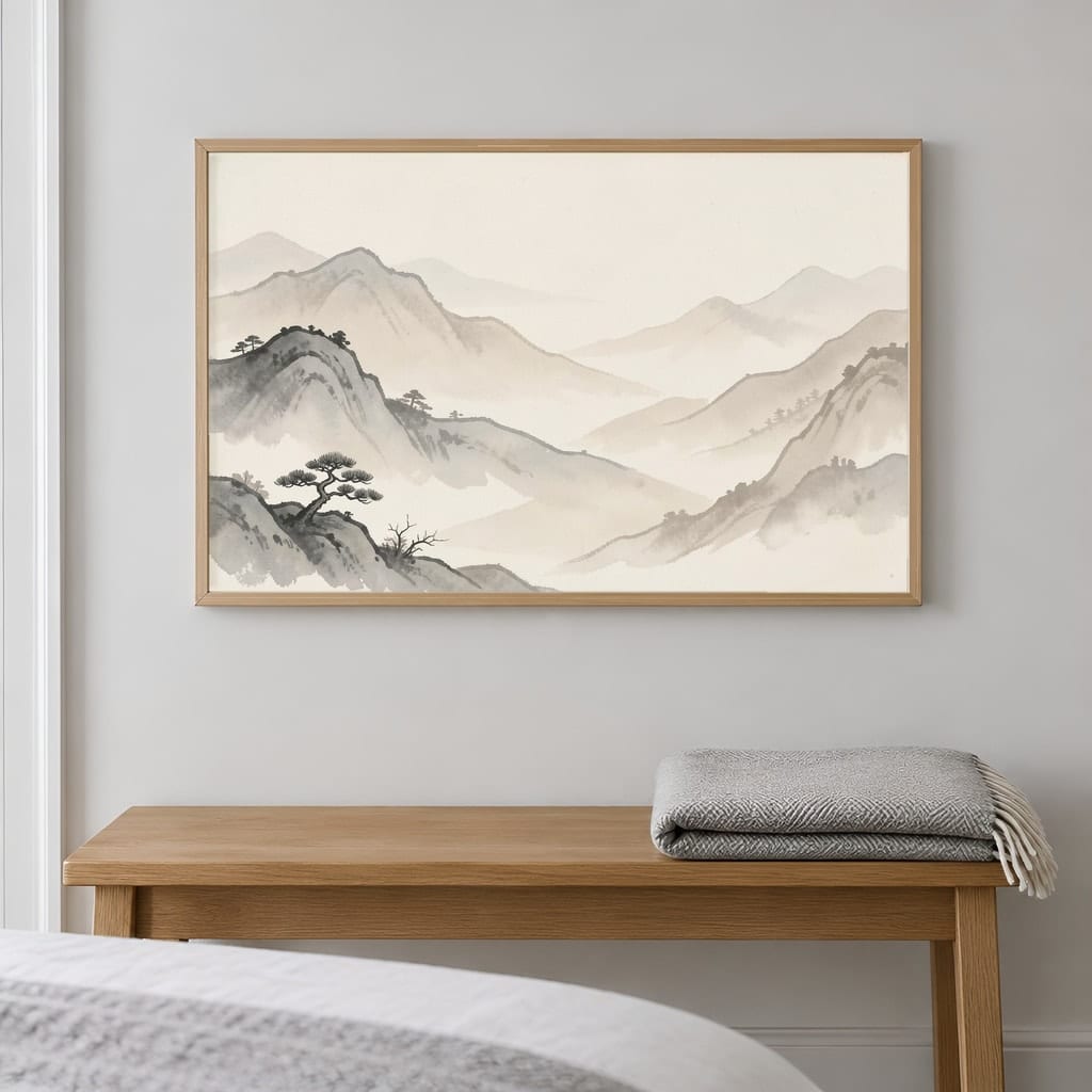 Japandi Bedroom Frame Mockup — Horizontal Wabi-Sabi Above Bed Wall Art PSD Templates (40 Scenes): mockup scene 18 of 40