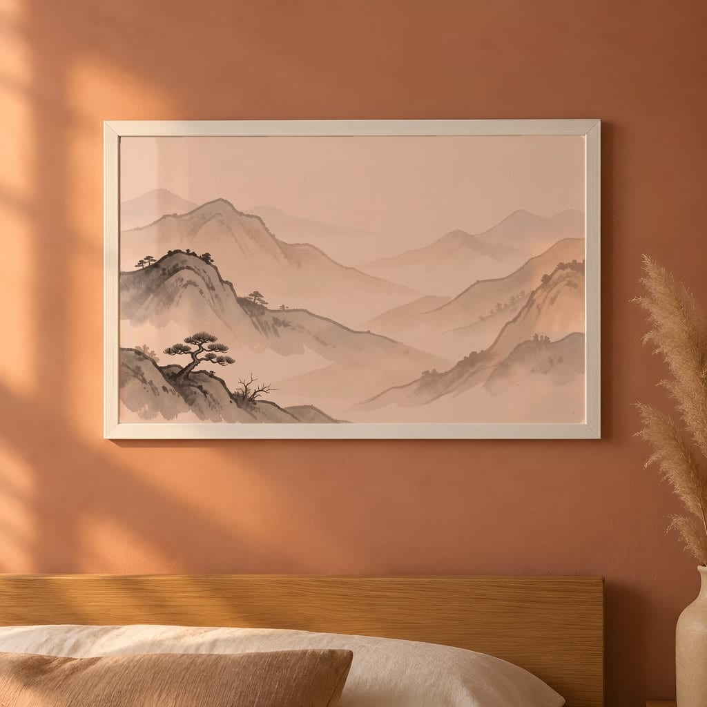 Japandi Bedroom Frame Mockup — Horizontal Wabi-Sabi Above Bed Wall Art PSD Templates (40 Scenes): mockup scene 19 of 40