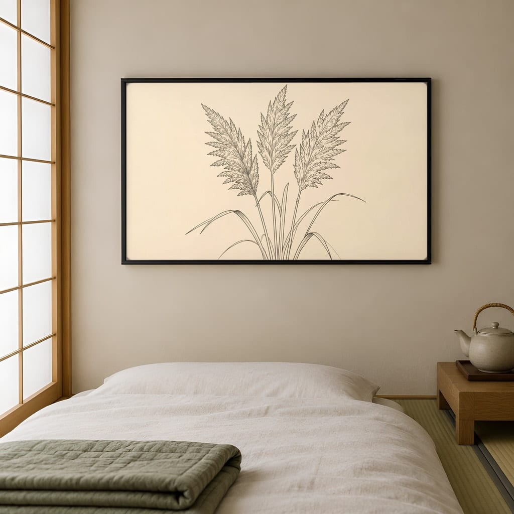 Japandi Bedroom Frame Mockup — Horizontal Wabi-Sabi Above Bed Wall Art PSD Templates (40 Scenes): mockup scene 2 of 40