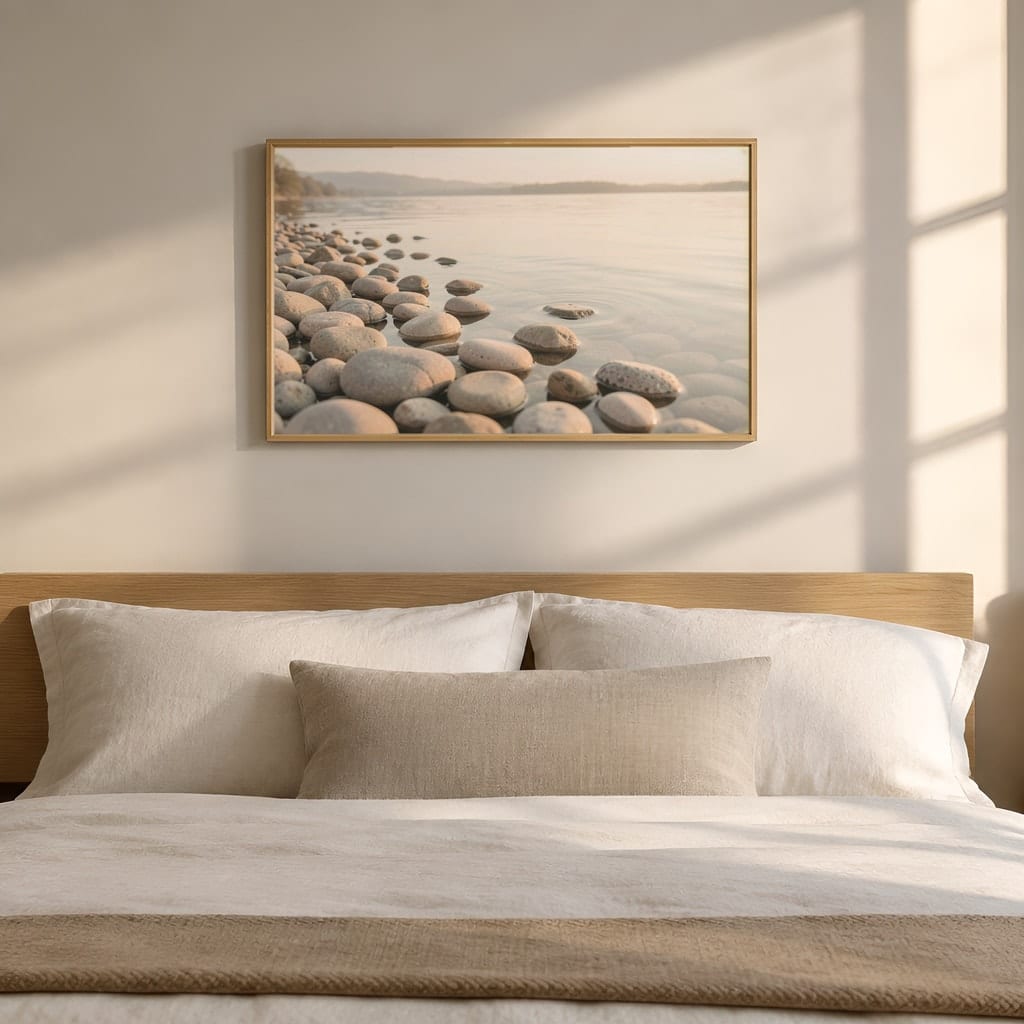 Japandi Bedroom Frame Mockup — Horizontal Wabi-Sabi Above Bed Wall Art PSD Templates (40 Scenes): mockup scene 24 of 40
