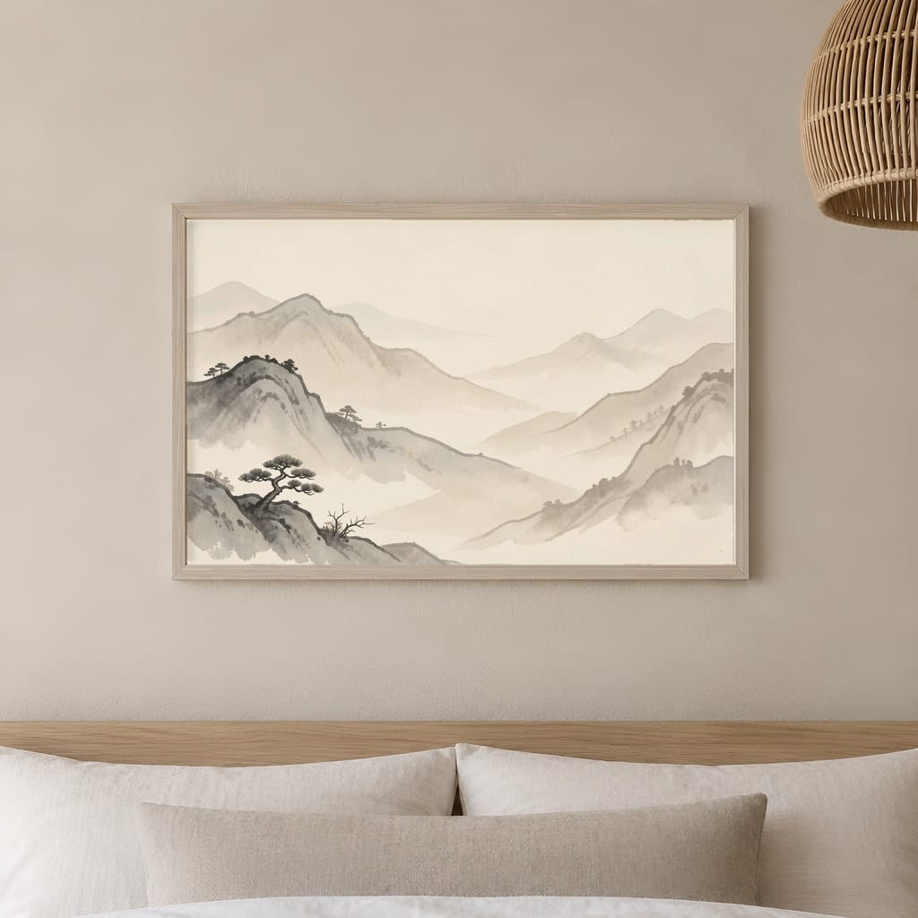 Japandi Bedroom Frame Mockup — Horizontal Wabi-Sabi Above Bed Wall Art PSD Templates (40 Scenes): mockup scene 26 of 40