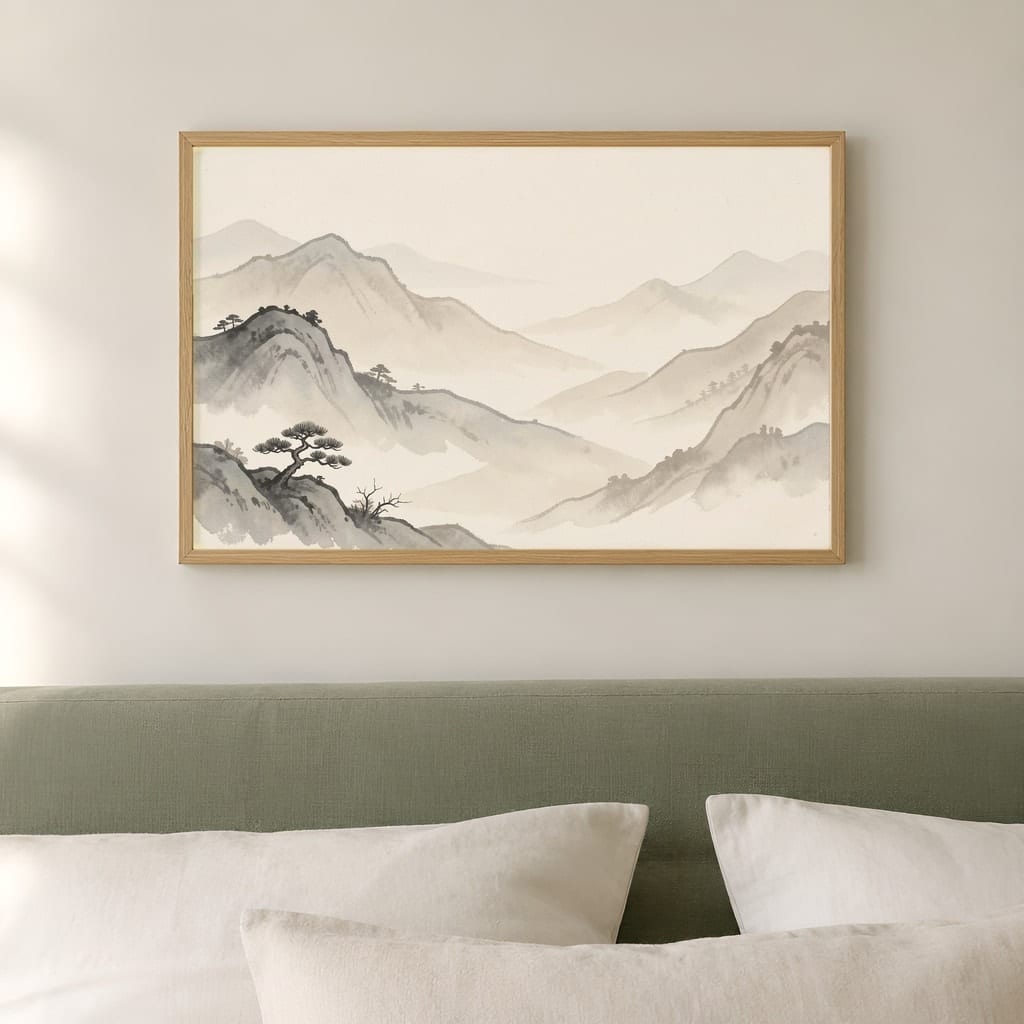 Japandi Bedroom Frame Mockup — Horizontal Wabi-Sabi Above Bed Wall Art PSD Templates (40 Scenes): mockup scene 29 of 40