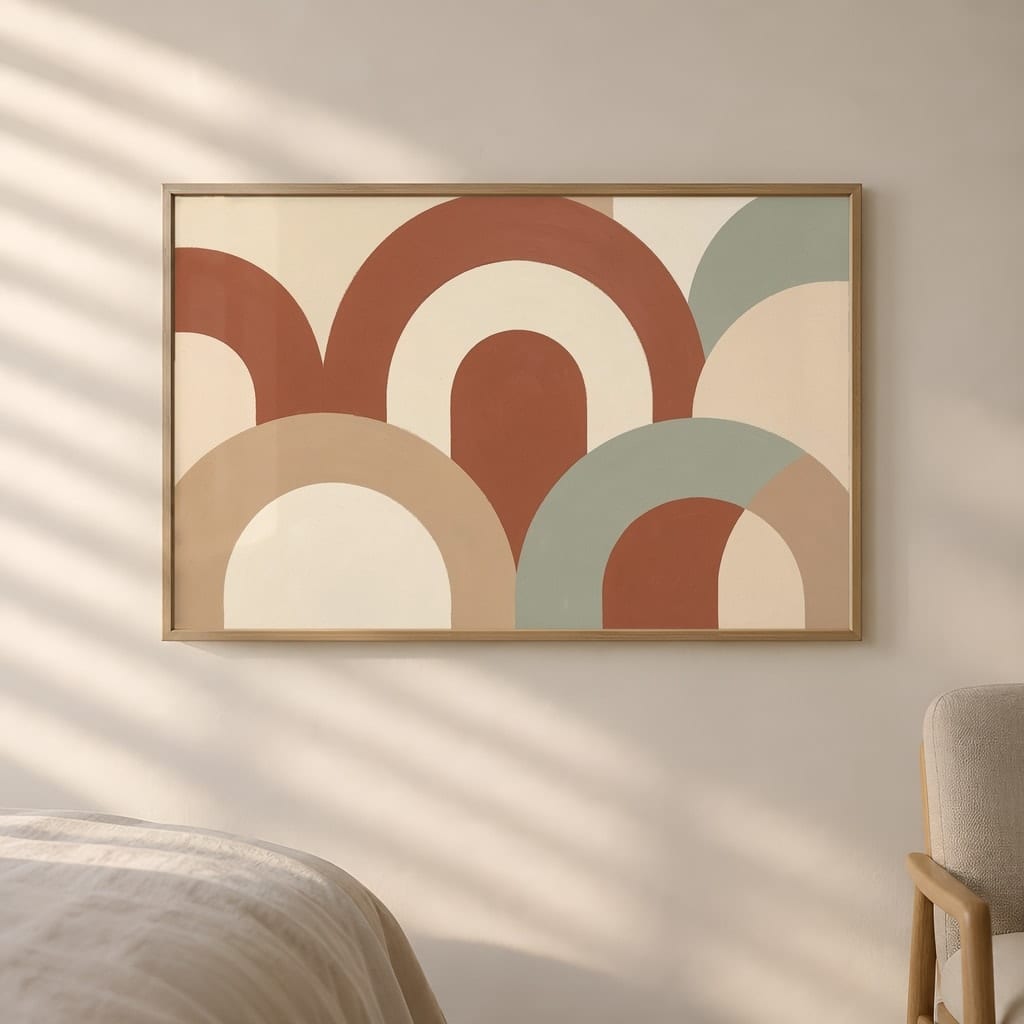 Japandi Bedroom Frame Mockup — Horizontal Wabi-Sabi Above Bed Wall Art PSD Templates (40 Scenes): mockup scene 3 of 40