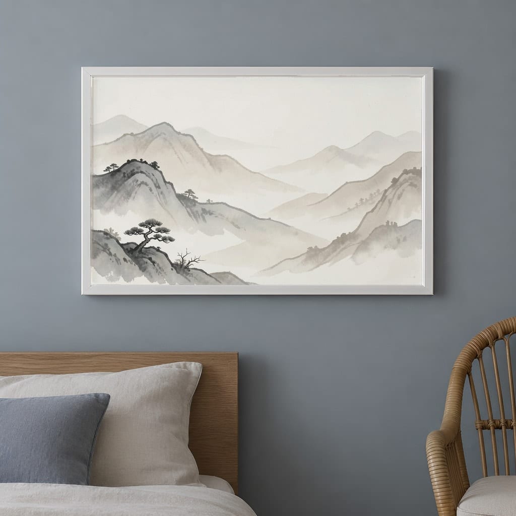 Japandi Bedroom Frame Mockup — Horizontal Wabi-Sabi Above Bed Wall Art PSD Templates (40 Scenes): mockup scene 30 of 40