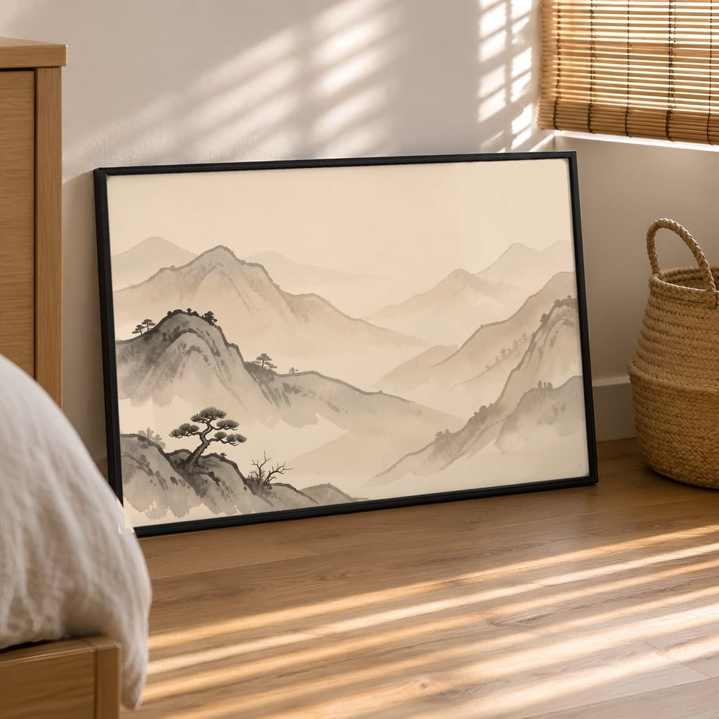 Japandi Bedroom Frame Mockup — Horizontal Wabi-Sabi Above Bed Wall Art PSD Templates (40 Scenes): mockup scene 31 of 40