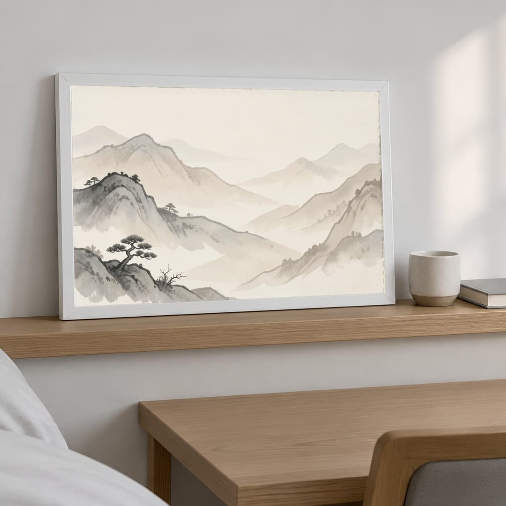 Japandi Bedroom Frame Mockup — Horizontal Wabi-Sabi Above Bed Wall Art PSD Templates (40 Scenes): mockup scene 33 of 40