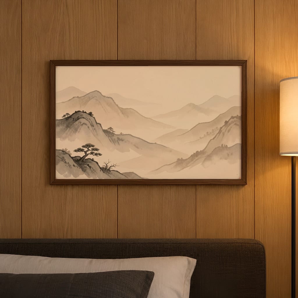 Japandi Bedroom Frame Mockup — Horizontal Wabi-Sabi Above Bed Wall Art PSD Templates (40 Scenes): mockup scene 34 of 40