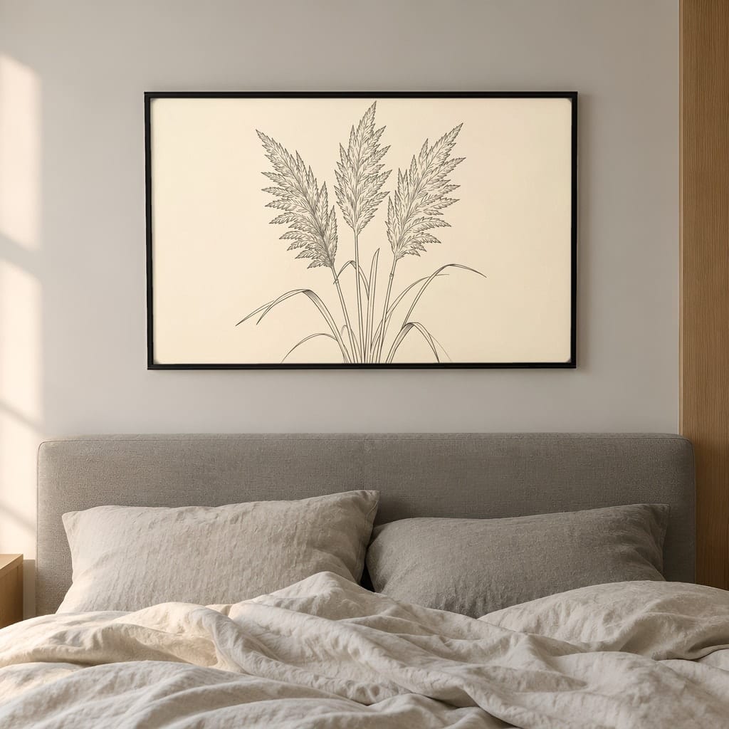 Japandi Bedroom Frame Mockup — Horizontal Wabi-Sabi Above Bed Wall Art PSD Templates (40 Scenes): mockup scene 35 of 40