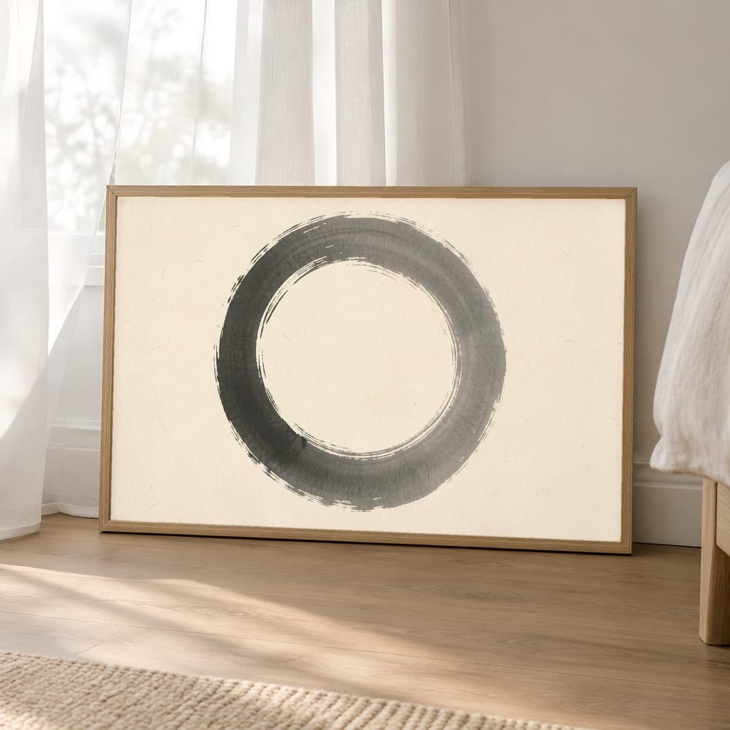 Japandi Bedroom Frame Mockup — Horizontal Wabi-Sabi Above Bed Wall Art PSD Templates (40 Scenes): mockup scene 36 of 40