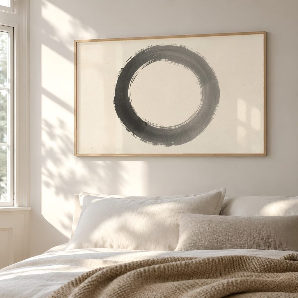Japandi Bedroom Frame Mockup — Horizontal Wabi-Sabi Above Bed Wall Art PSD Templates (40 Scenes): mockup scene 39 of 40