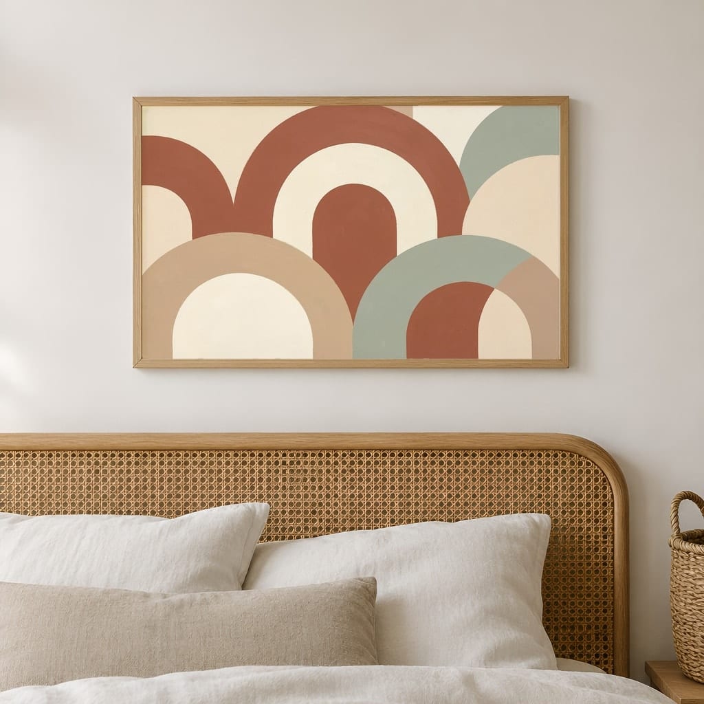 Japandi Bedroom Frame Mockup — Horizontal Wabi-Sabi Above Bed Wall Art PSD Templates (40 Scenes): mockup scene 6 of 40
