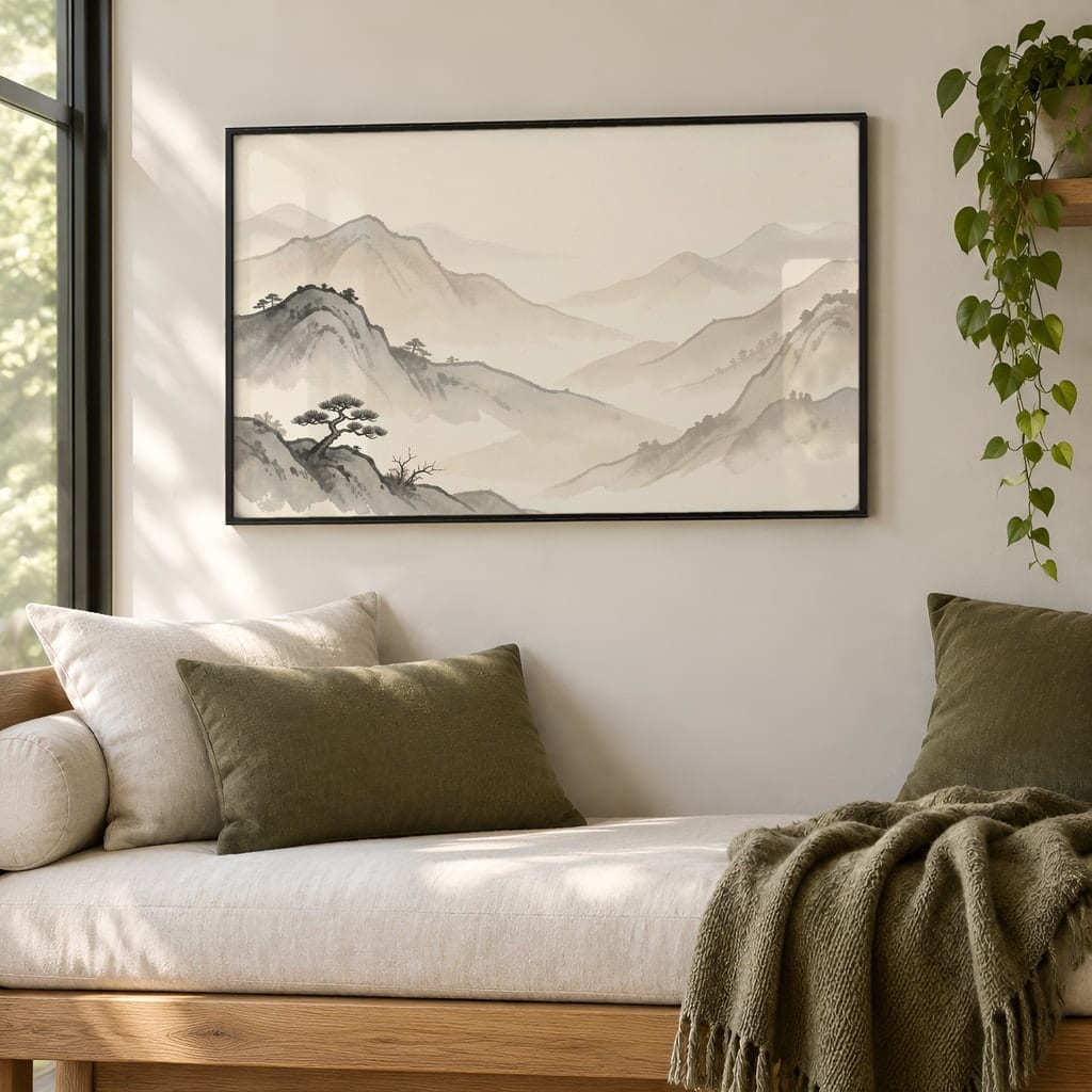 Japandi Bedroom Frame Mockup — Horizontal Wabi-Sabi Above Bed Wall Art PSD Templates (40 Scenes): mockup scene 7 of 40