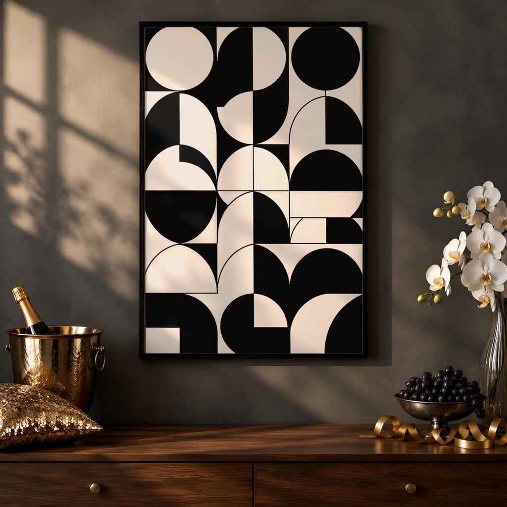 New Year Frame Mockup Bundle — 40 Vertical Champagne and Black Wall Art PSD Mockups: mockup scene 17 of 40