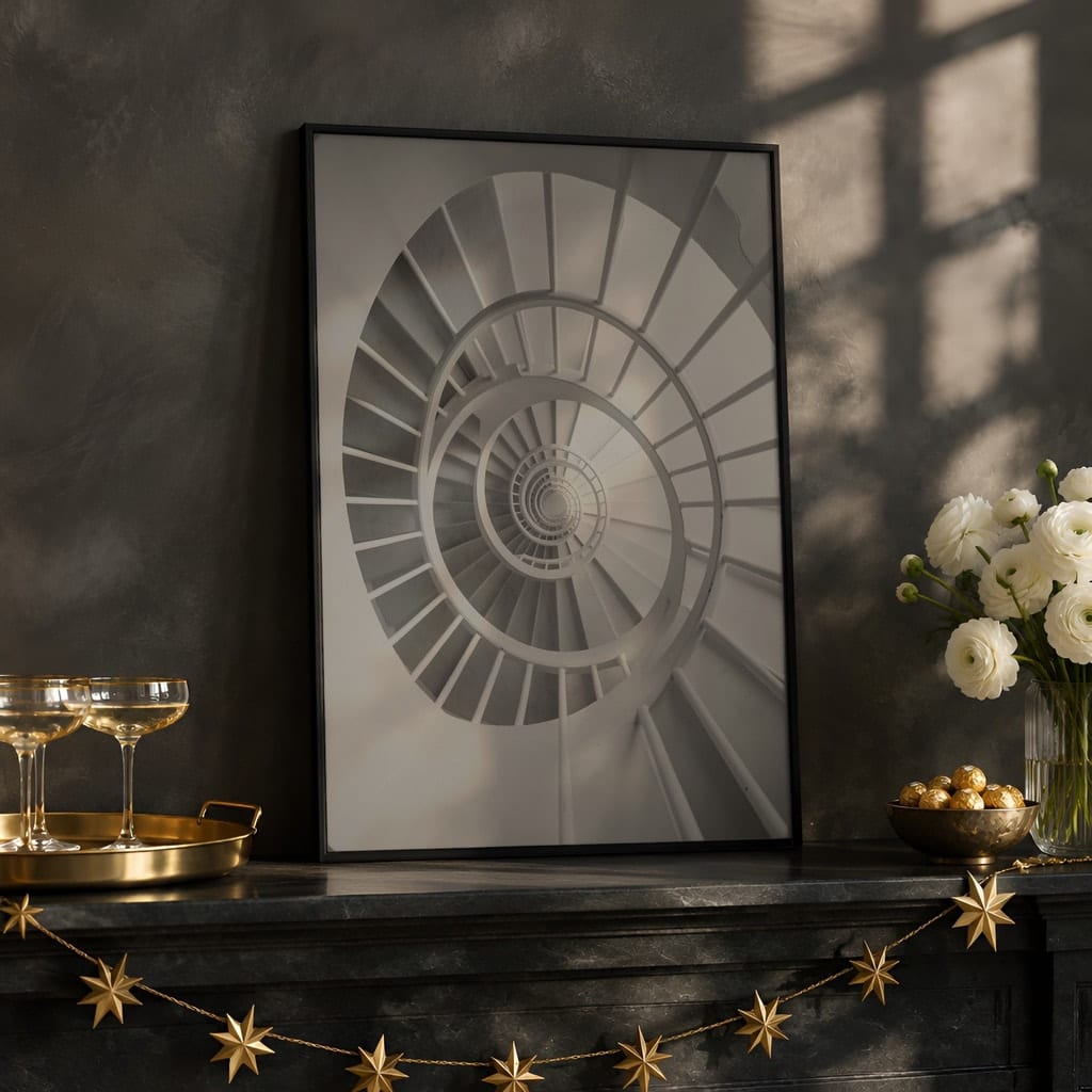 New Year Frame Mockup Bundle — 40 Vertical Champagne and Black Wall Art PSD Mockups: mockup scene 20 of 40