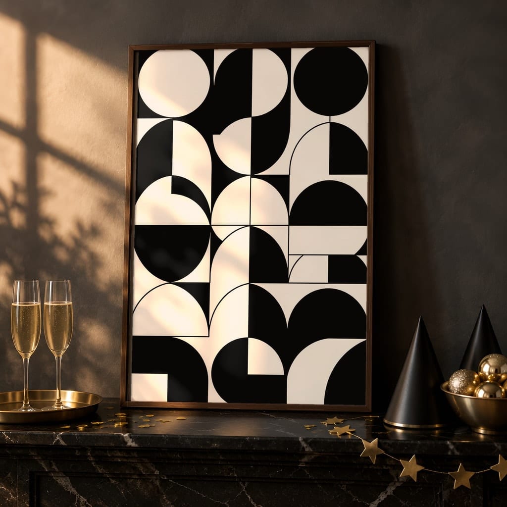New Year Frame Mockup Bundle — 40 Vertical Champagne and Black Wall Art PSD Mockups: mockup scene 3 of 40