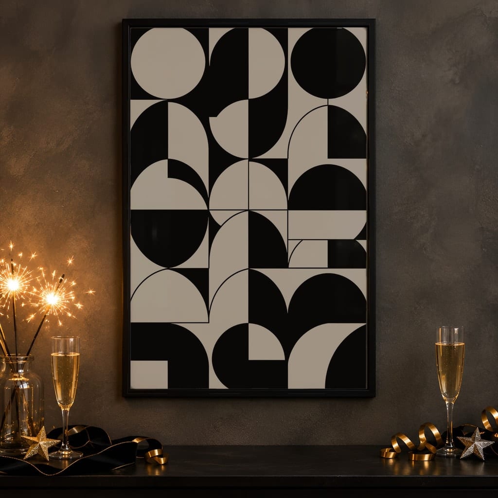 New Year Frame Mockup Bundle — 40 Vertical Champagne and Black Wall Art PSD Mockups: mockup scene 30 of 40