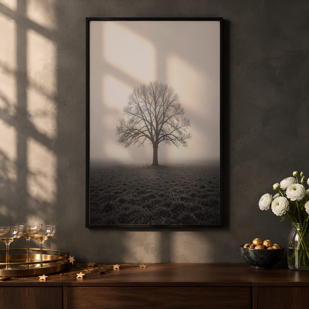 New Year Frame Mockup Bundle — 40 Vertical Champagne and Black Wall Art PSD Mockups: mockup scene 7 of 40