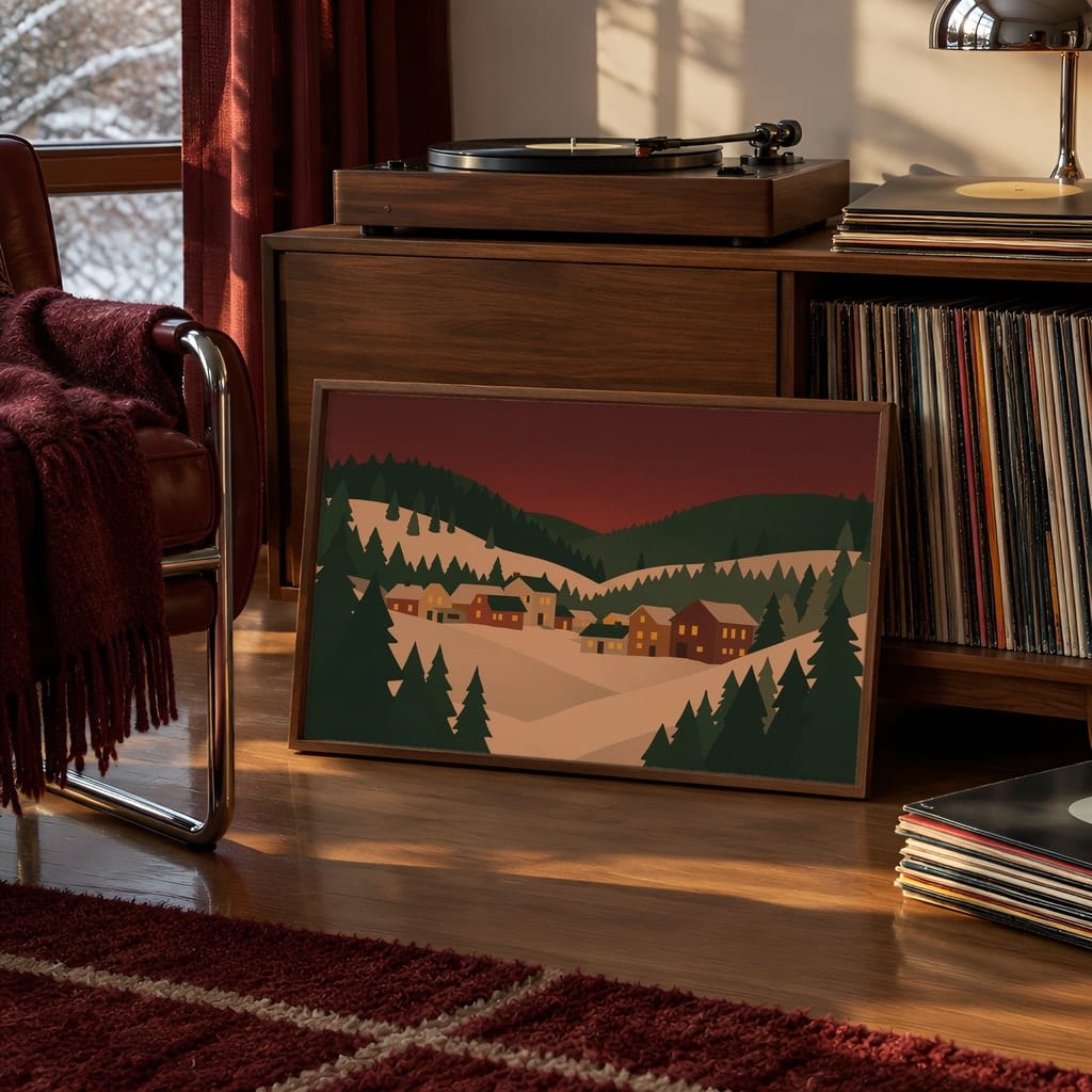 Horizontal Frame Mockup Bundle — Retro 70s Dining Room Winter Wall Art PSD (40 Scenes) — first mockup scene from the pack