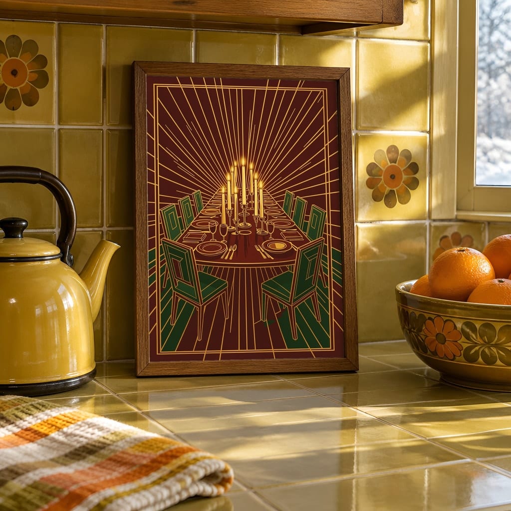 Dining Room Frame Mockup Bundle — Retro 70s Winter Wall Art PSD Templates (40 Scenes): mockup scene 8 of 40