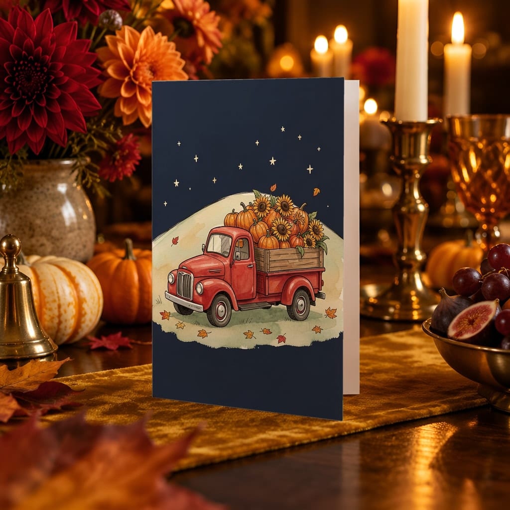 Thanksgiving Card Mockup Bundle — 20 Harvest Orange and Cranberry 5x7 Greeting Card PSD Mockups: mockup scene 13 of 20