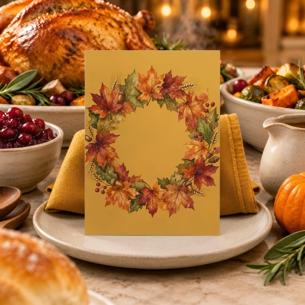 Thanksgiving Card Mockup Bundle — 20 Harvest Orange and Cranberry 5x7 Greeting Card PSD Mockups: mockup scene 15 of 20