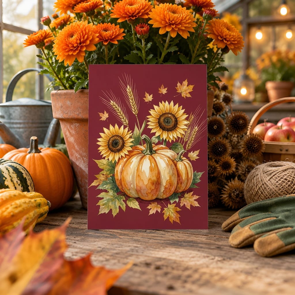 Thanksgiving Card Mockup Bundle — 20 Harvest Orange and Cranberry 5x7 Greeting Card PSD Mockups: mockup scene 16 of 20