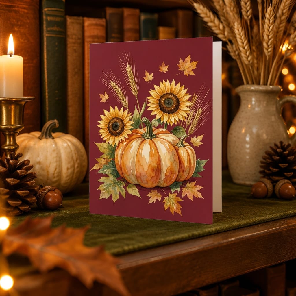 Thanksgiving Card Mockup Bundle — 20 Harvest Orange and Cranberry 5x7 Greeting Card PSD Mockups: mockup scene 17 of 20