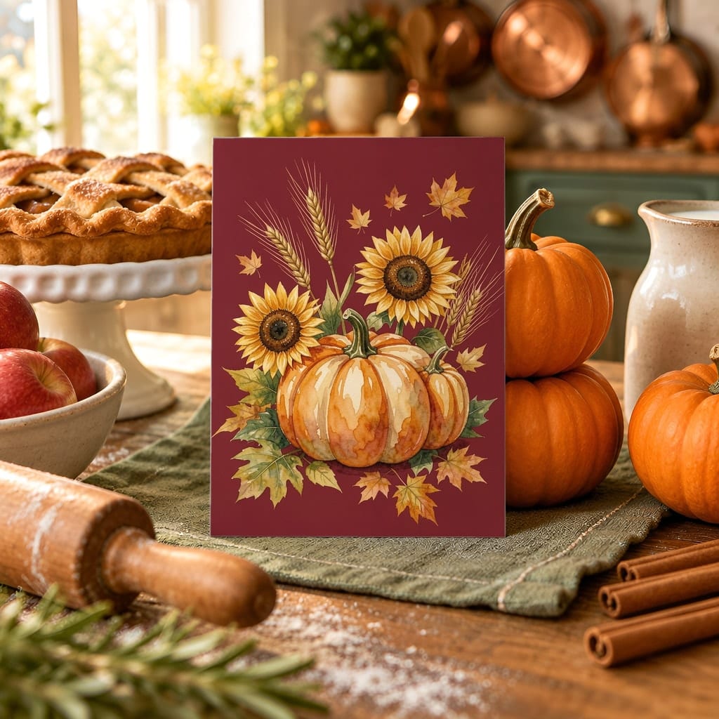 Thanksgiving Card Mockup Bundle — 20 Harvest Orange and Cranberry 5x7 Greeting Card PSD Mockups: mockup scene 2 of 20
