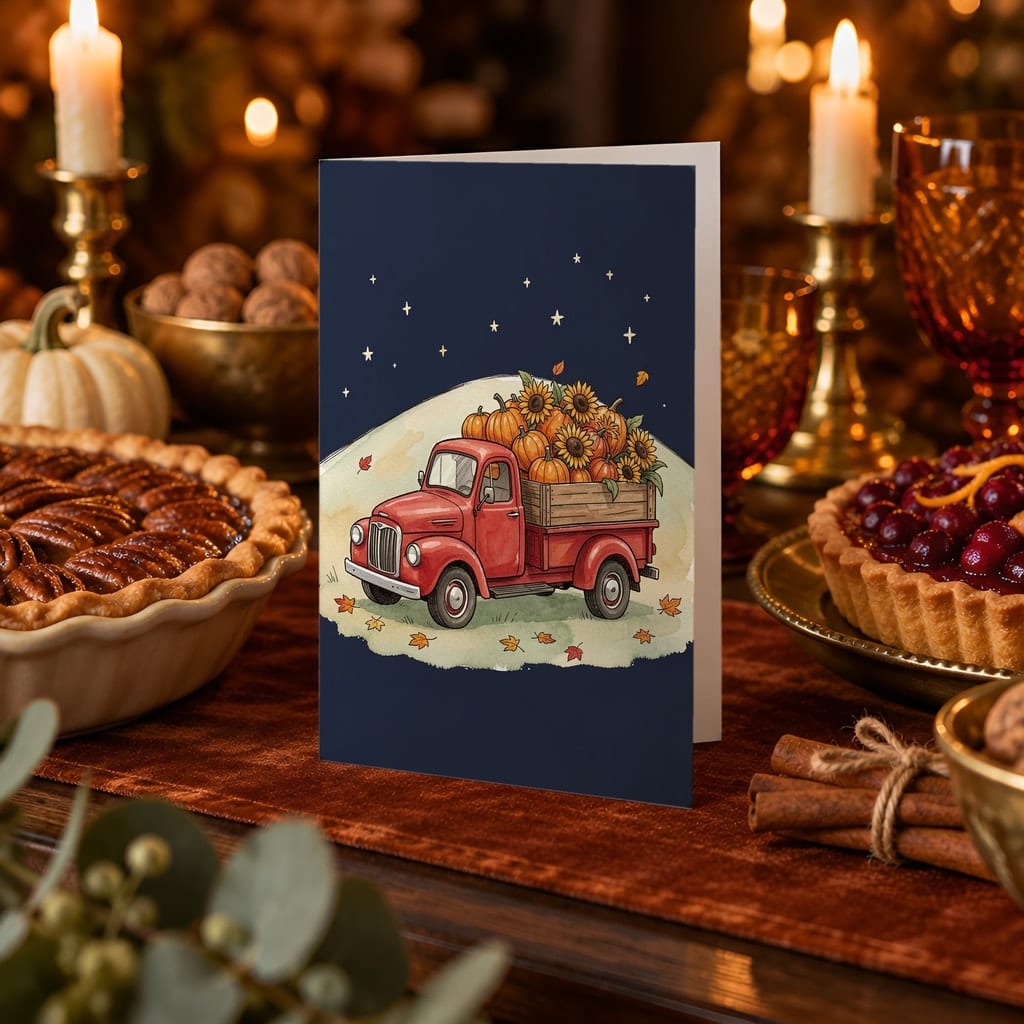 Thanksgiving Card Mockup Bundle — 20 Harvest Orange and Cranberry 5x7 Greeting Card PSD Mockups: mockup scene 5 of 20
